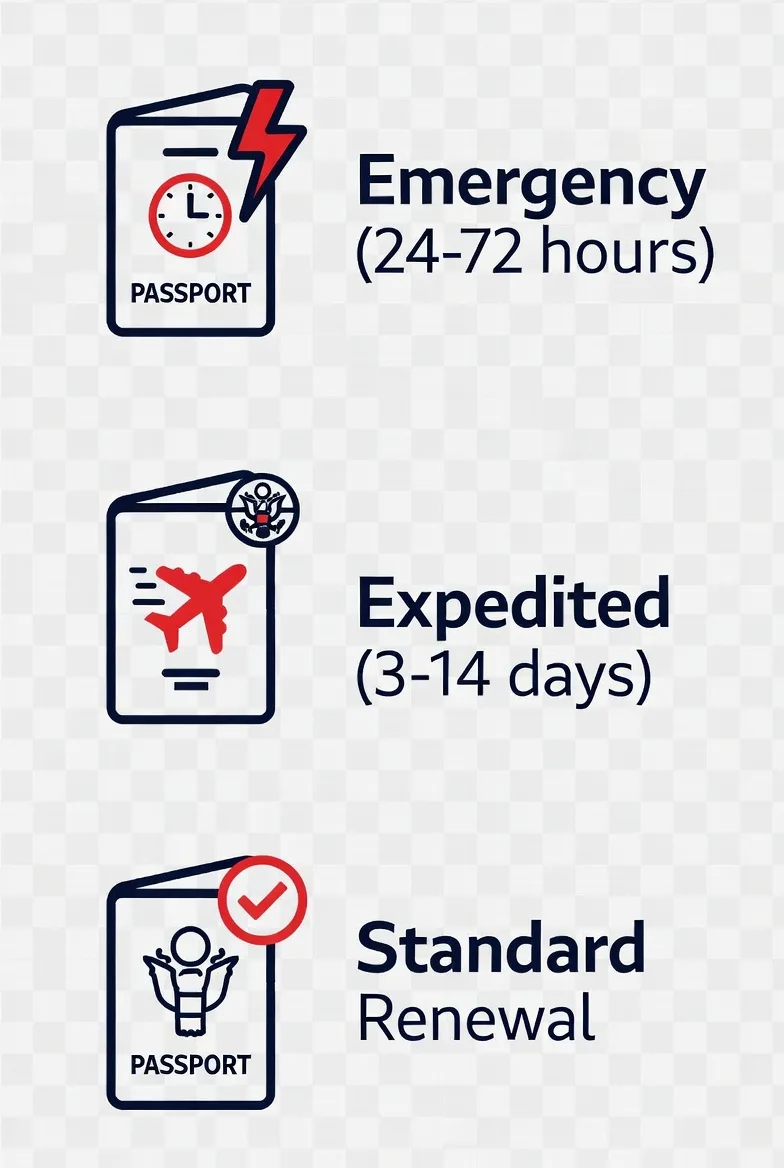 Urgent emergency passport — woman in crowded airport holding US passport, urgent travel situation